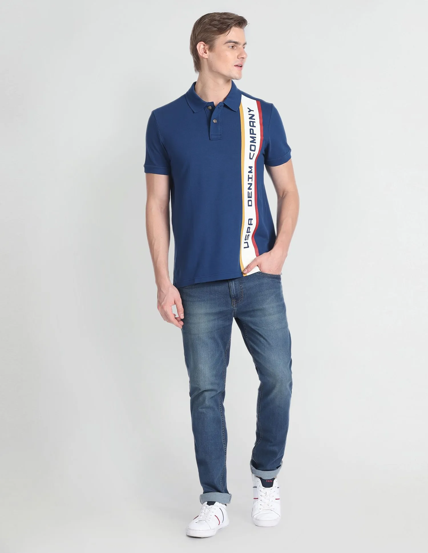 U.S. Polo Assn. Denim Co. Ribbed Collar Brand Print Polo Shirt