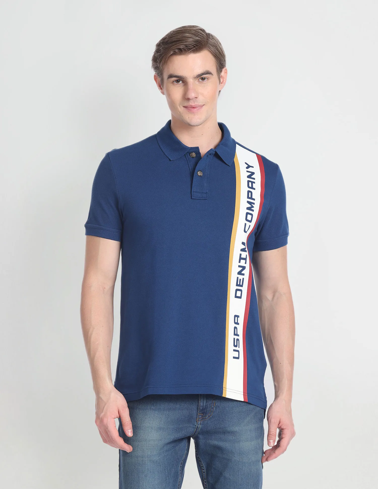 U.S. Polo Assn. Denim Co. Ribbed Collar Brand Print Polo Shirt