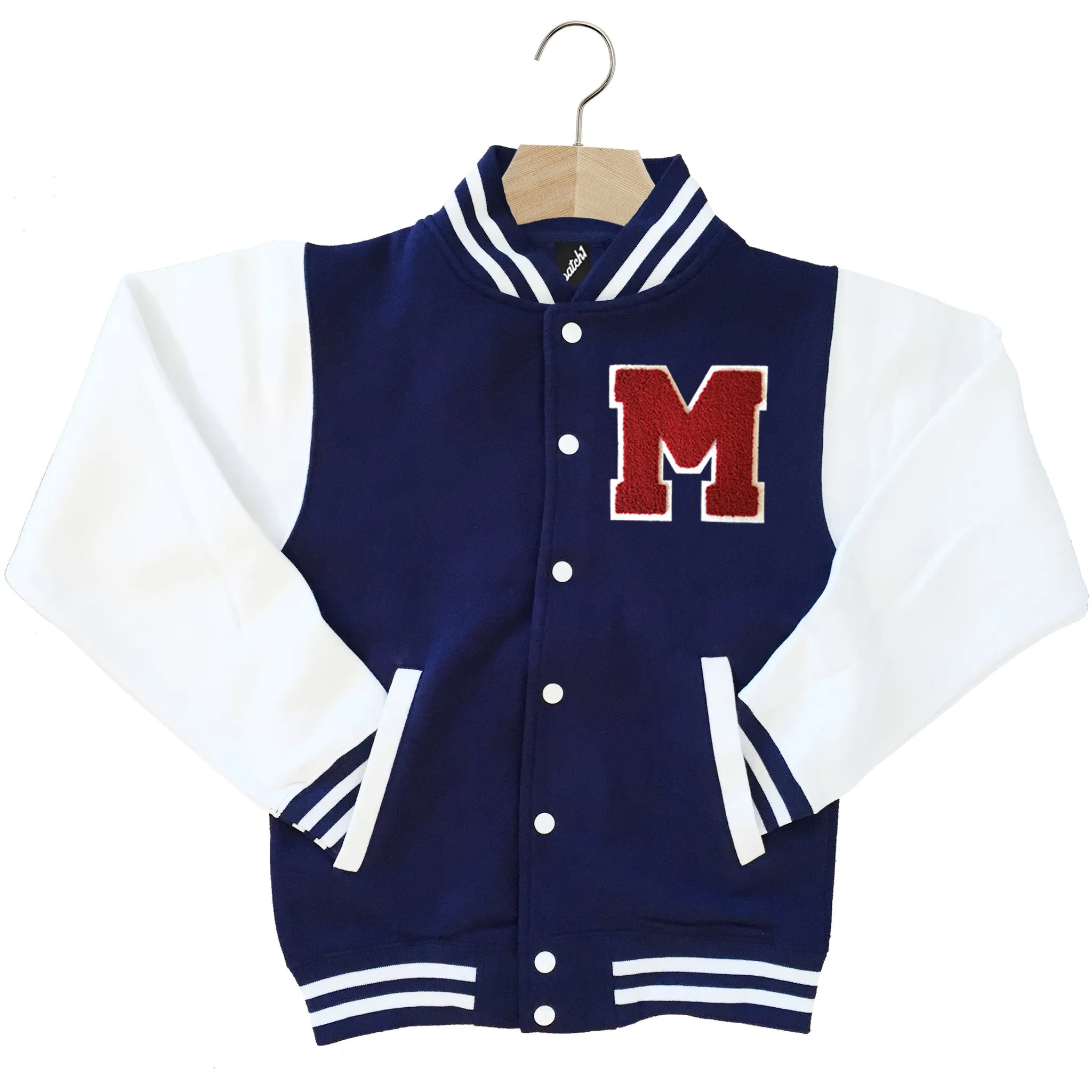 VARSITY BASEBALL JACKET UNISEX PERSONALISED WITH GENUINE US COLLEGE LETTER M