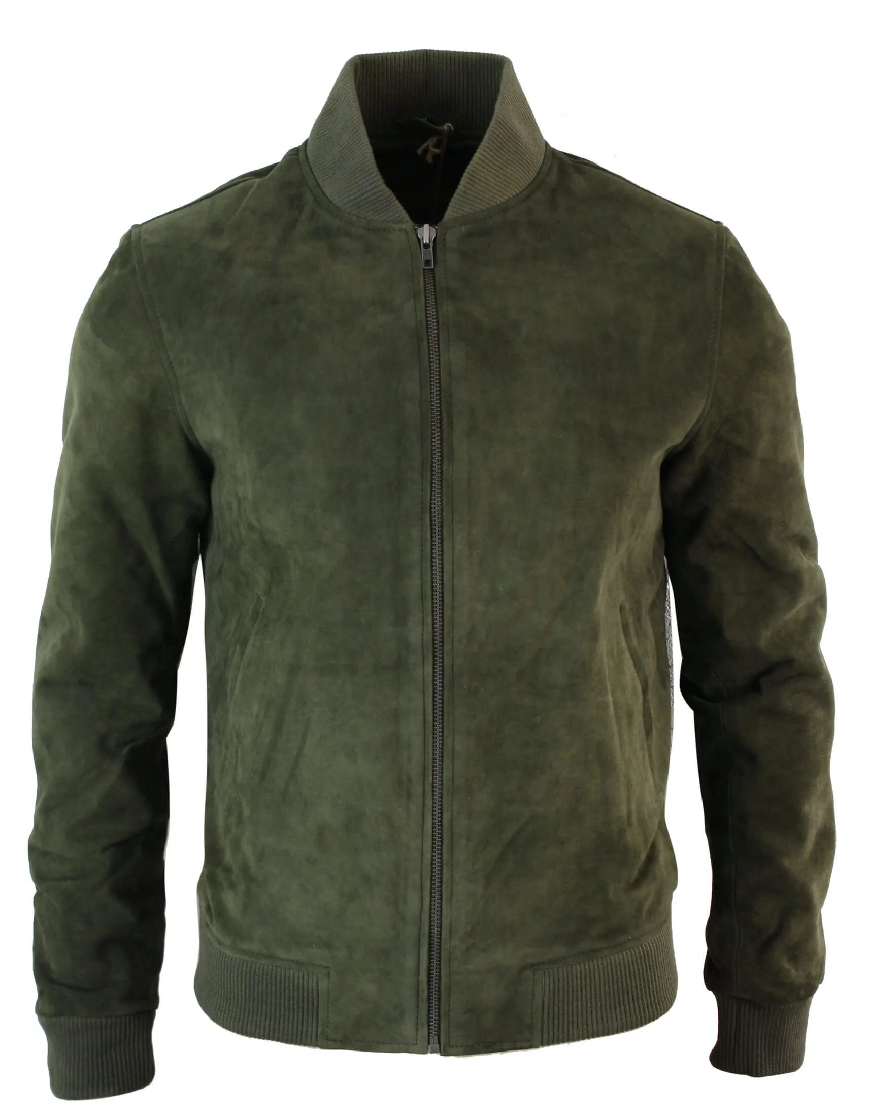 Varsity Mens Real Suede Leather Bomber College Jacket Classic Retro Vintage - Olive