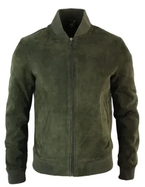 Varsity Mens Real Suede Leather Bomber College Jacket Classic Retro Vintage - Olive