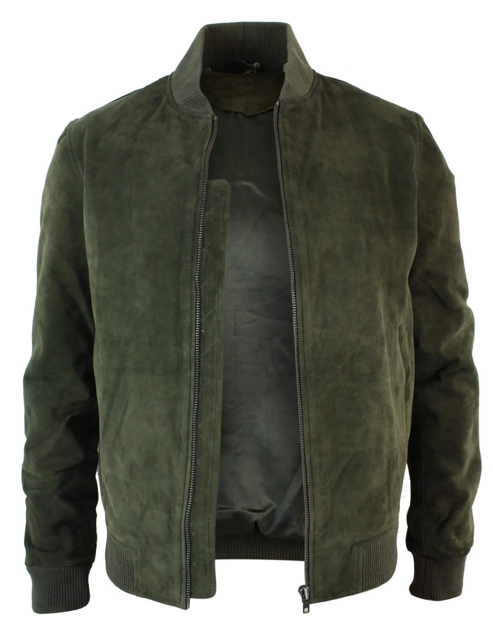 Varsity Mens Real Suede Leather Bomber College Jacket Classic Retro Vintage - Olive