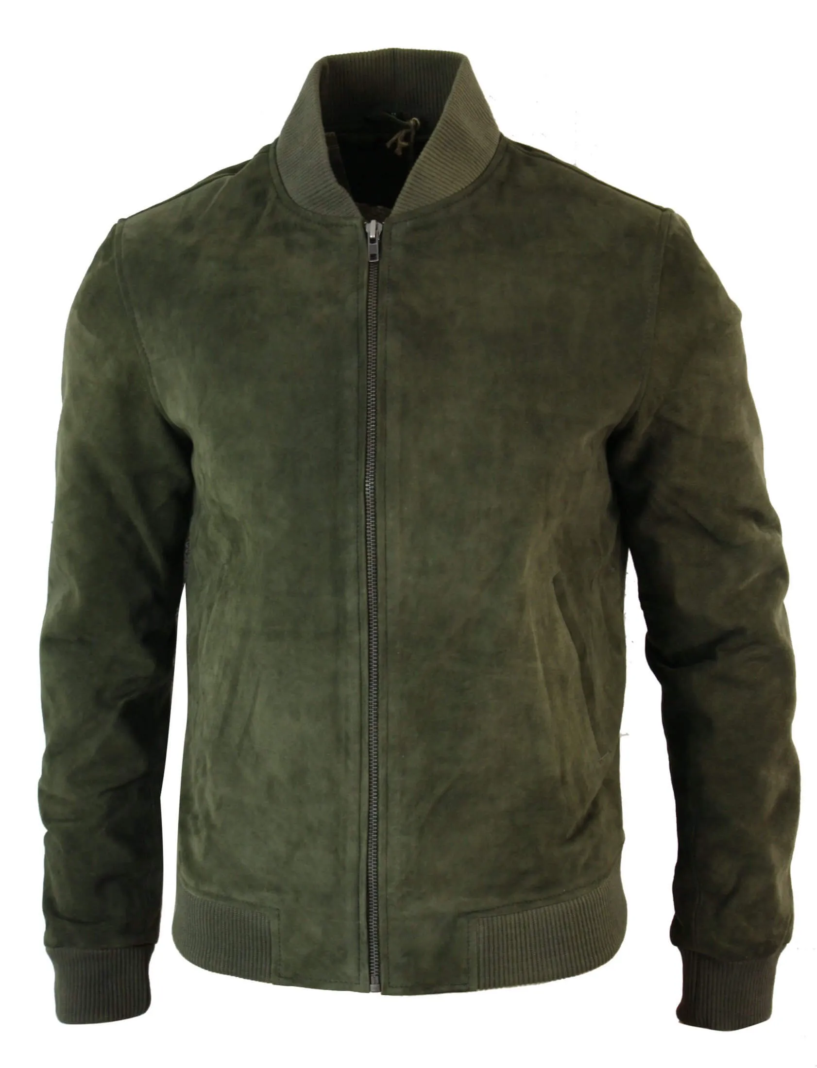 Varsity Mens Real Suede Leather Bomber College Jacket Classic Retro Vintage - Olive