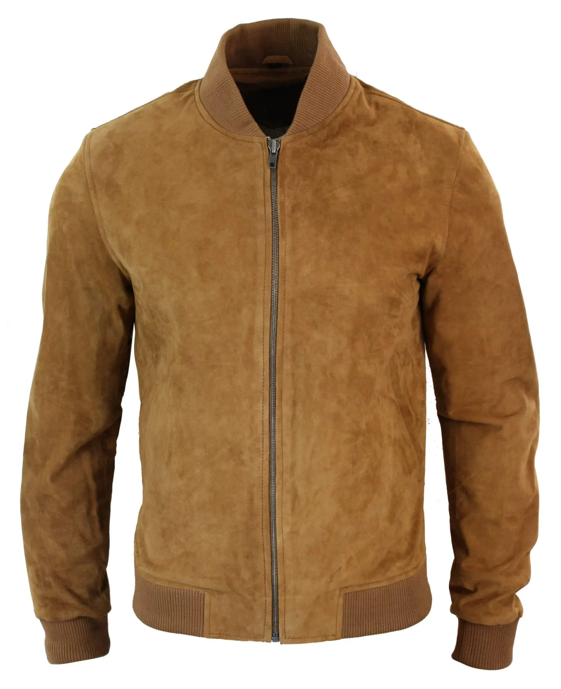 Varsity Mens Real Suede Leather Bomber College Jacket Classic Retro Vintage - Tan Brown