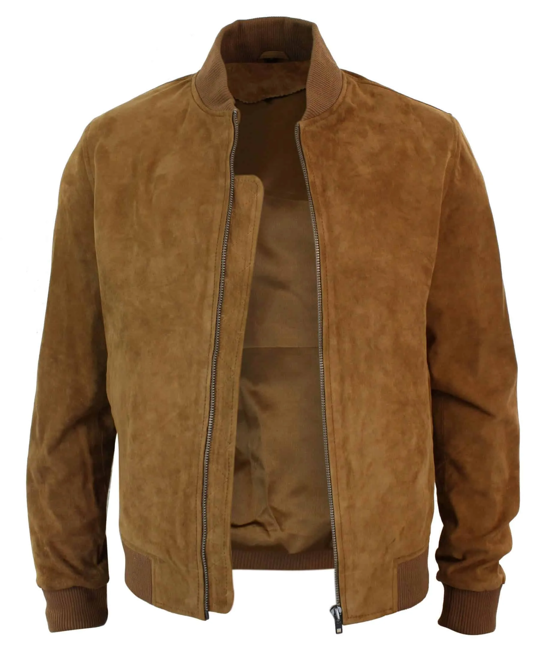 Varsity Mens Real Suede Leather Bomber College Jacket Classic Retro Vintage - Tan Brown