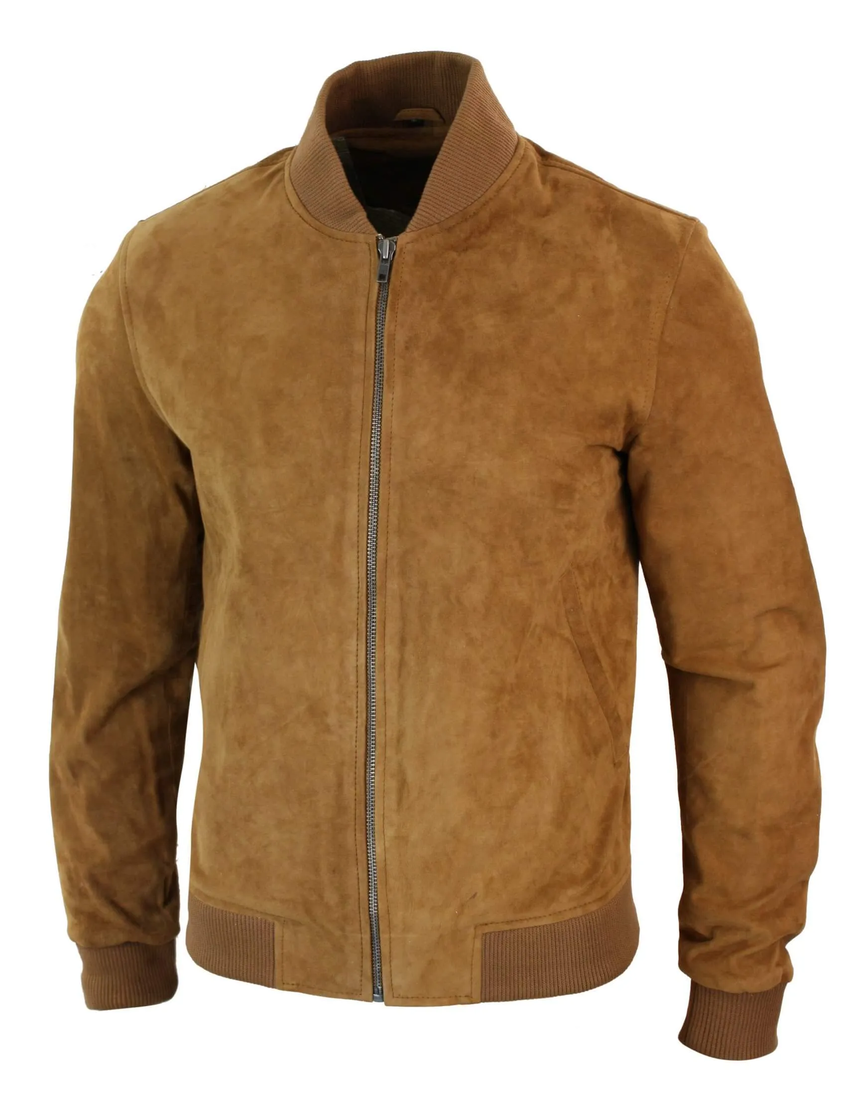 Varsity Mens Real Suede Leather Bomber College Jacket Classic Retro Vintage - Tan Brown