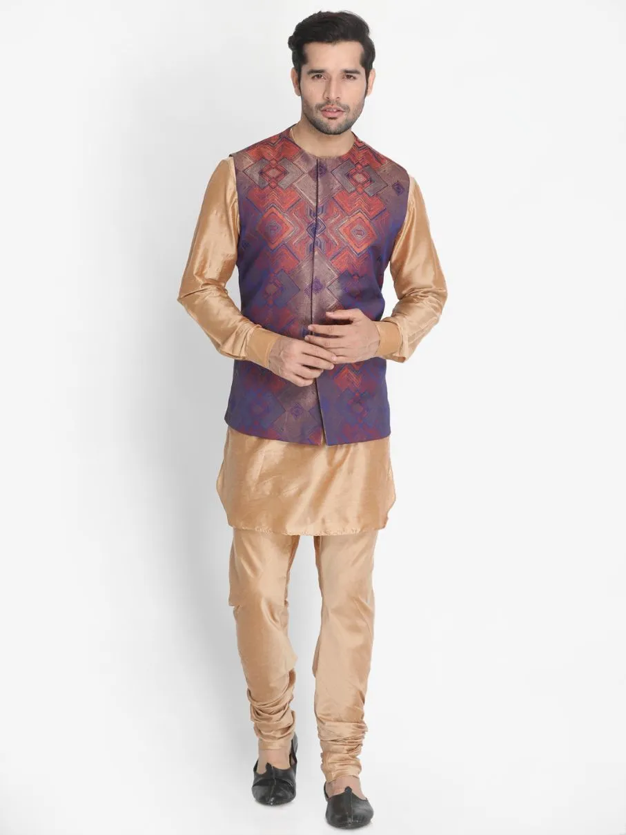 VASTRAMAY Men's Gold Cotton Blend Kurta, Ethnic Jacket and Pyjama Set