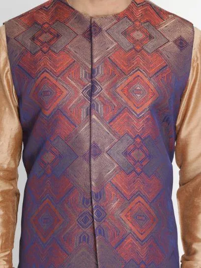 VASTRAMAY Men's Gold Cotton Blend Kurta, Ethnic Jacket and Pyjama Set