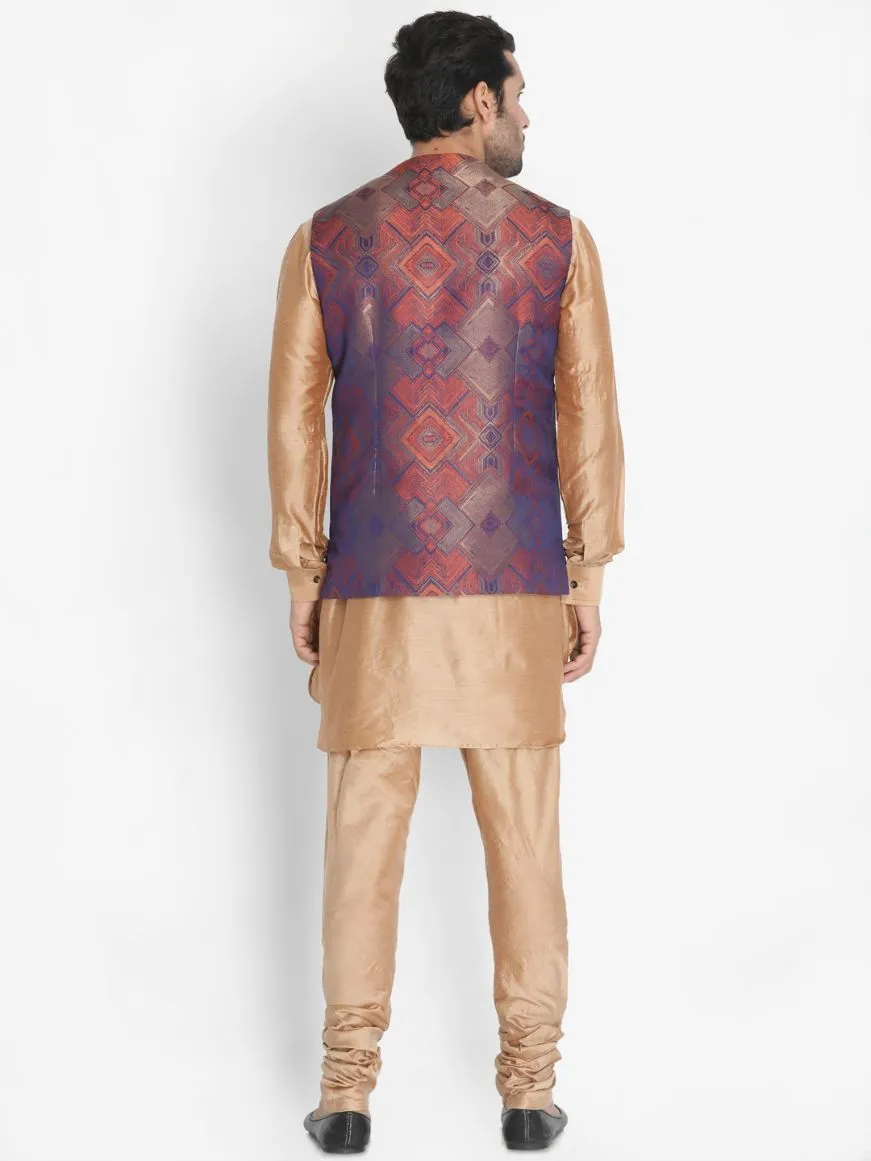 VASTRAMAY Men's Gold Cotton Blend Kurta, Ethnic Jacket and Pyjama Set