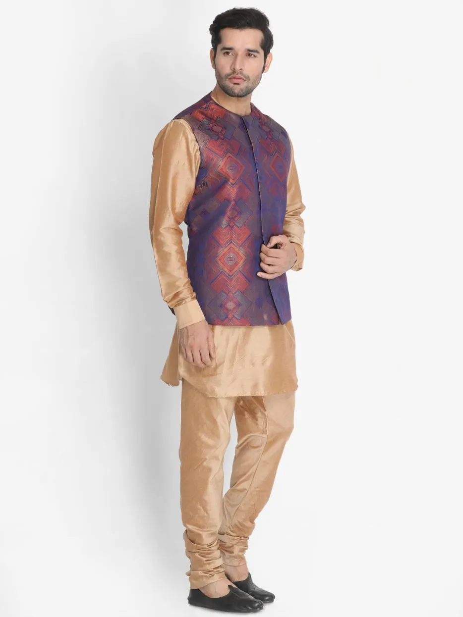 VASTRAMAY Men's Gold Cotton Blend Kurta, Ethnic Jacket and Pyjama Set