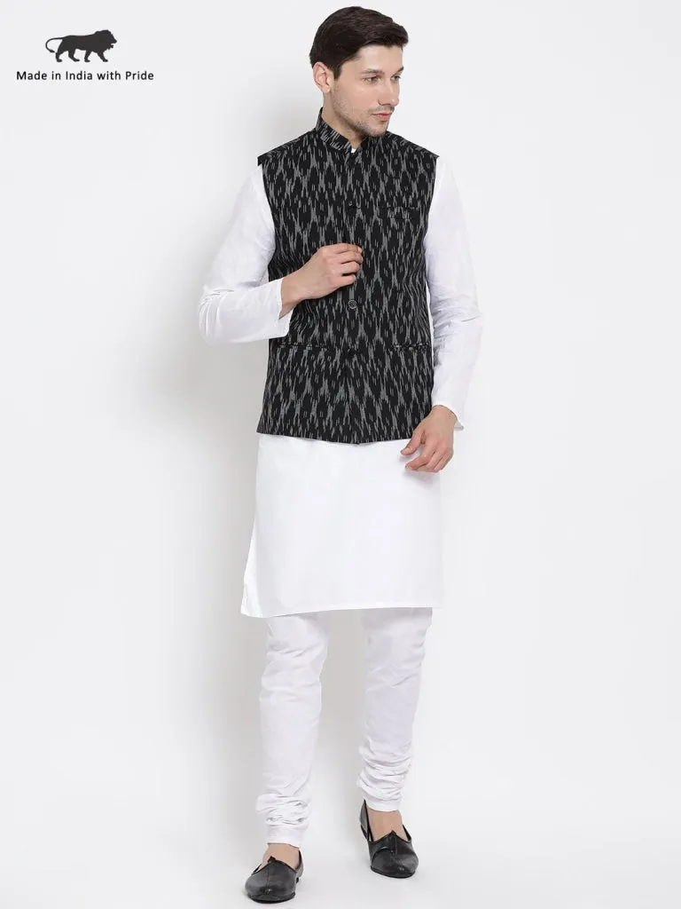 VASTRAMAY Men's White Cotton Kurta, Black Ethnic Jacket and Pyjama Set