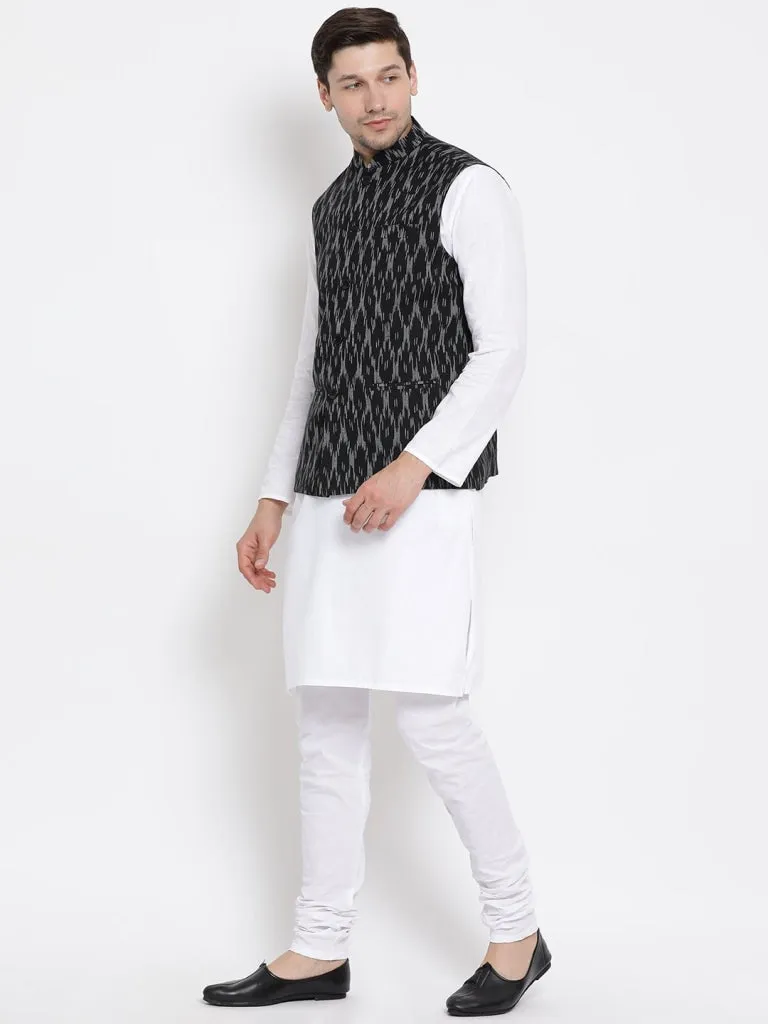 VASTRAMAY Men's White Cotton Kurta, Black Ethnic Jacket and Pyjama Set