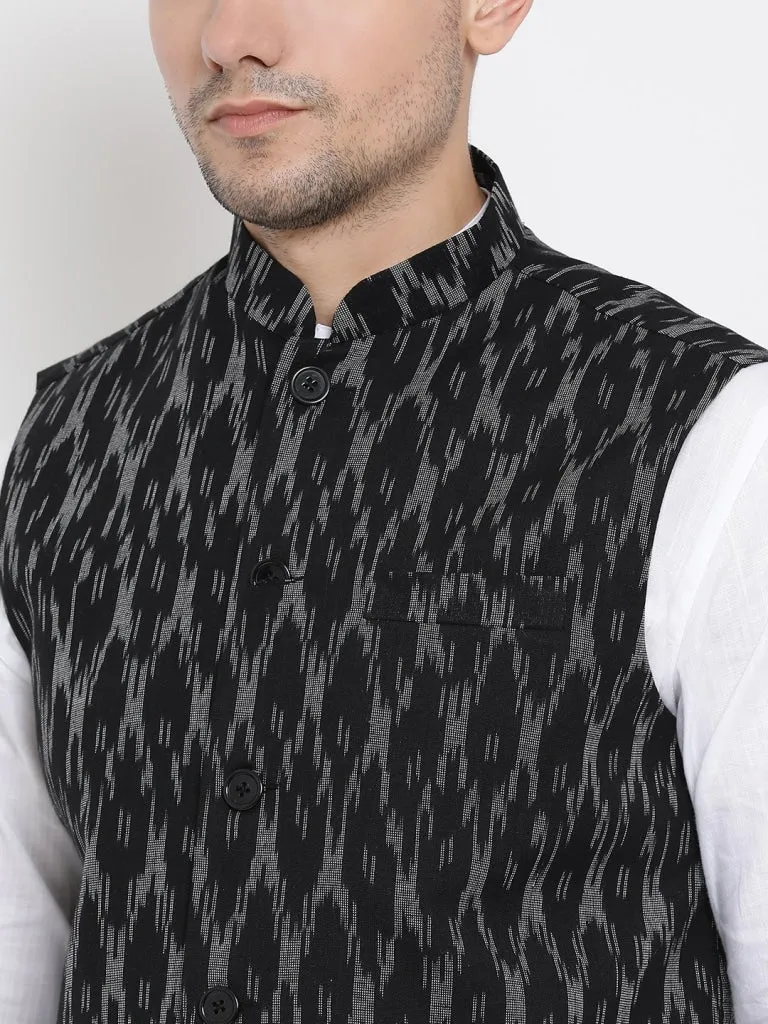 VASTRAMAY Men's White Cotton Kurta, Black Ethnic Jacket and Pyjama Set