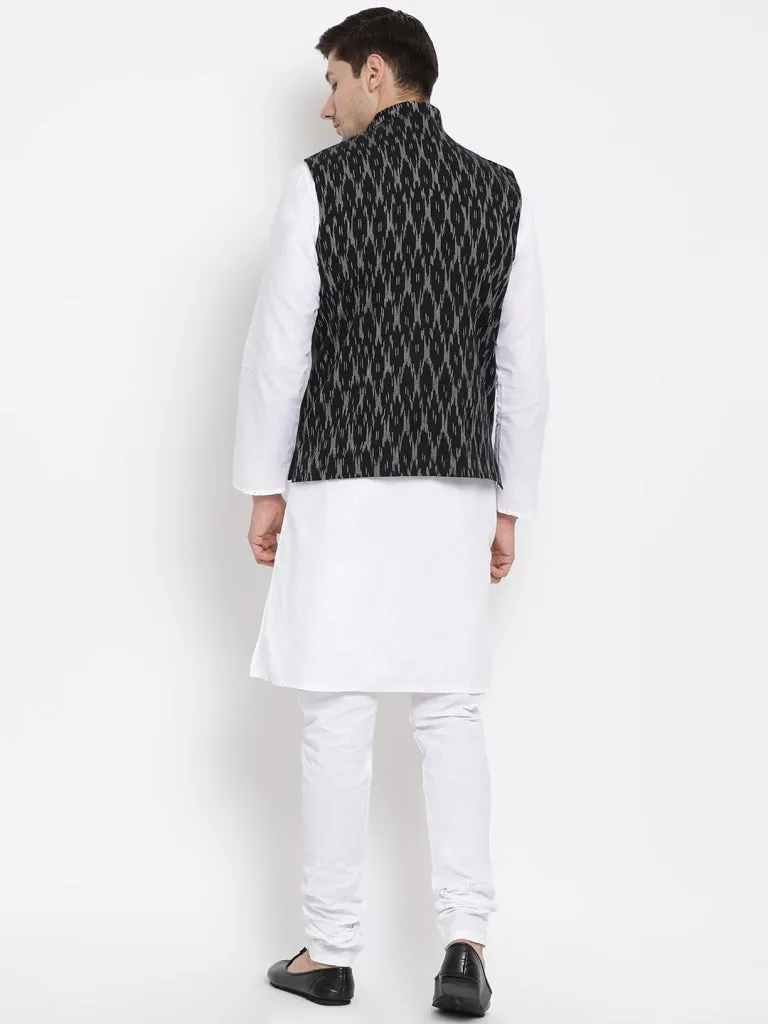 VASTRAMAY Men's White Cotton Kurta, Black Ethnic Jacket and Pyjama Set