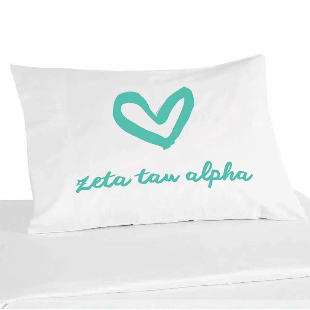 Zeta Tau Alpha Sorority Name with Heart Design on Printed Pillowcase